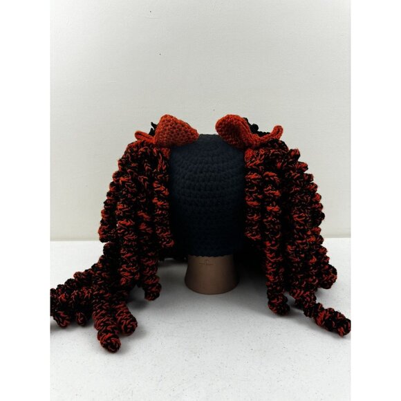 Handmade Crochet Halloween Wig Kawaii Hat Bats Bows Curls  Adults Black Orange - Picture 4 of 9